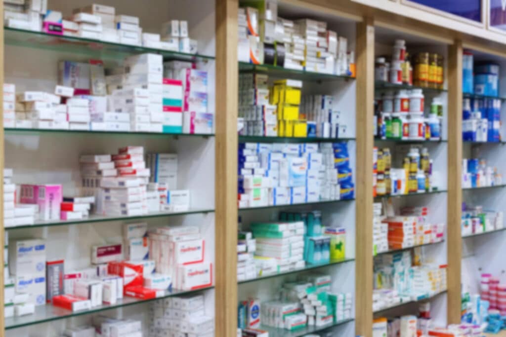 A pharmacy shelf, in which you can use prescription insurance coverage.
